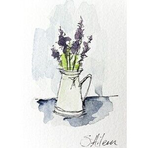 ACEO Painting Watercolor Ink Lavender Purple Flower in Vase Botanical II Signed
